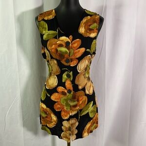 Vintage 90s Rolling Over Black Orange & Green Floral Print Button Front Vest
